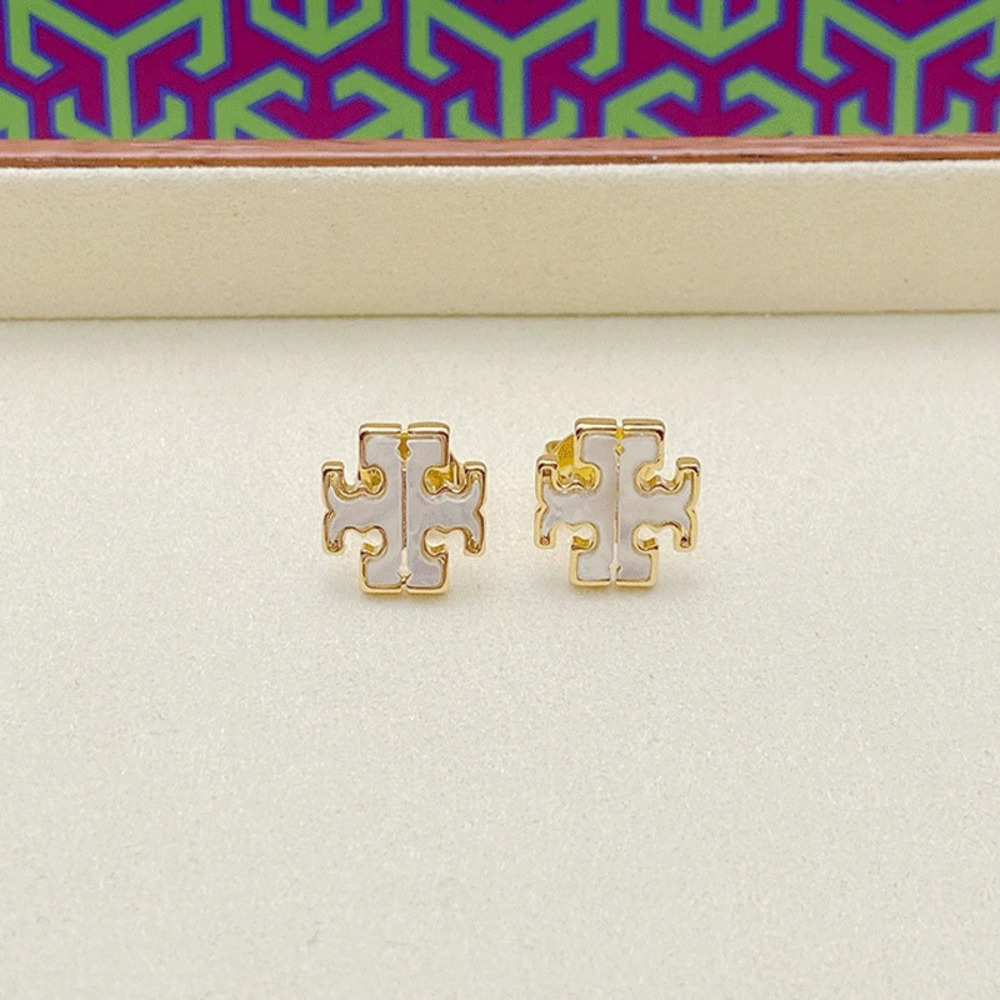 Tory Burch Natural Shell Gold Plated Copper Double Letter Stud Earrings